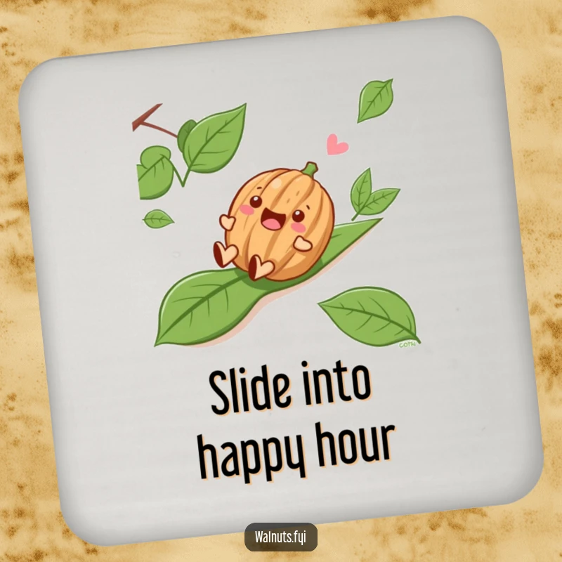 Funny Sliding Walnut Coaster, a happy walnut character sliding down a leafy slope, adding humor to drink coasters.