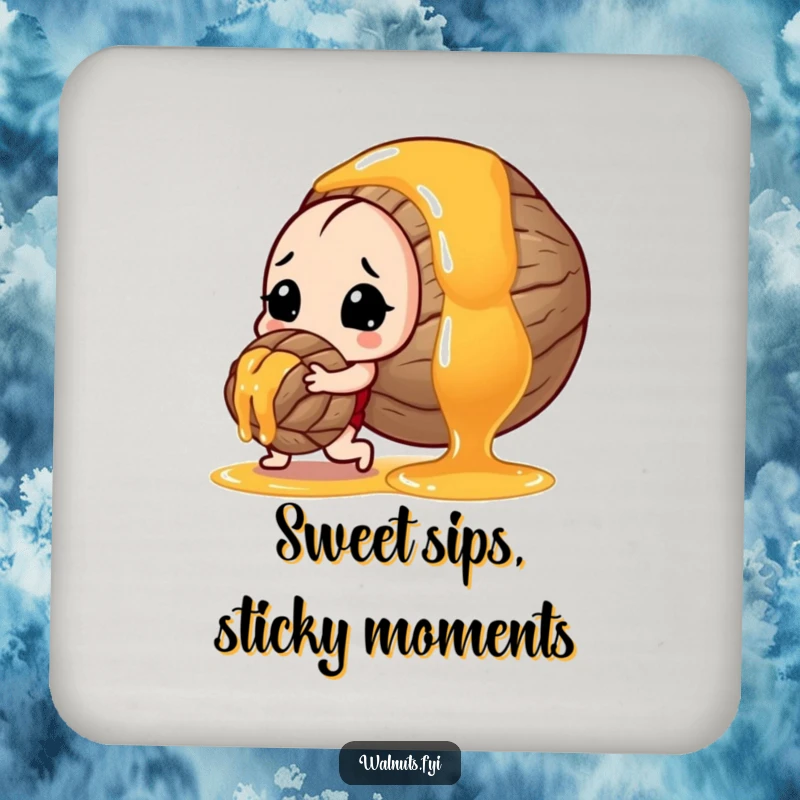 Funny coaster art depicting a persistent walnut pushing a large blob of honey, a humorous protector.