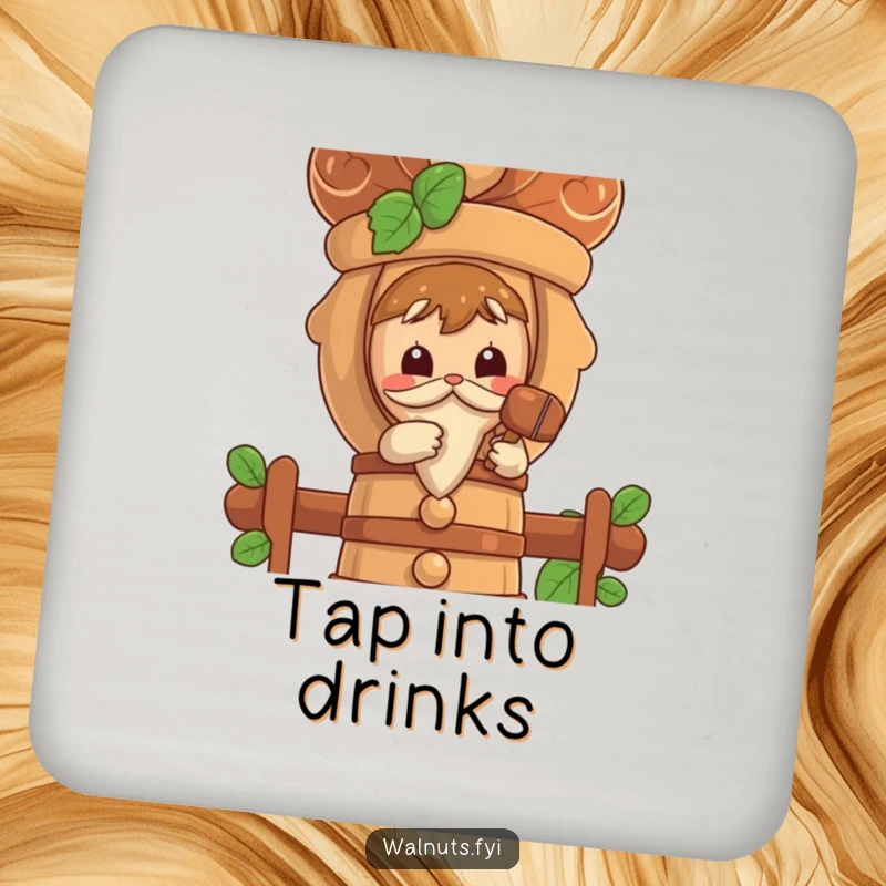 Funny drink coaster featuring a curious walnut character tapping a large nutcracker with a tiny mallet.