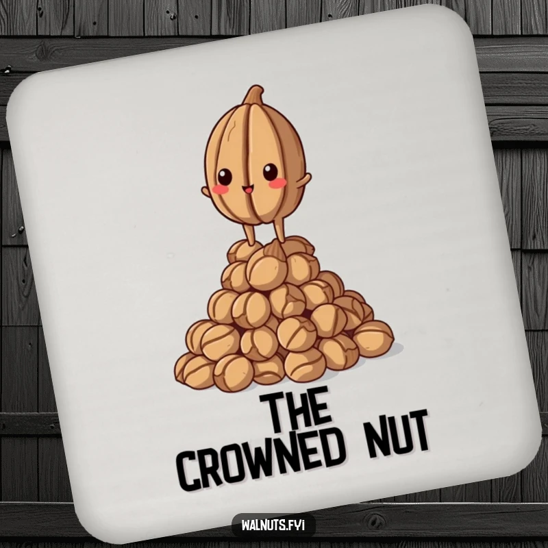 Funny Walnut Coaster: Proud walnut standing tall on a pile, protecting surfaces with pride, funny gift.