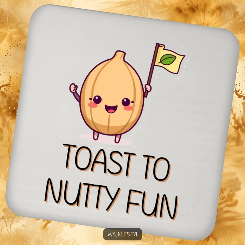 Funny Kawaii Walnut Drink Coaster: An illustration of a cute walnut excitedly waving a small leaf flag.