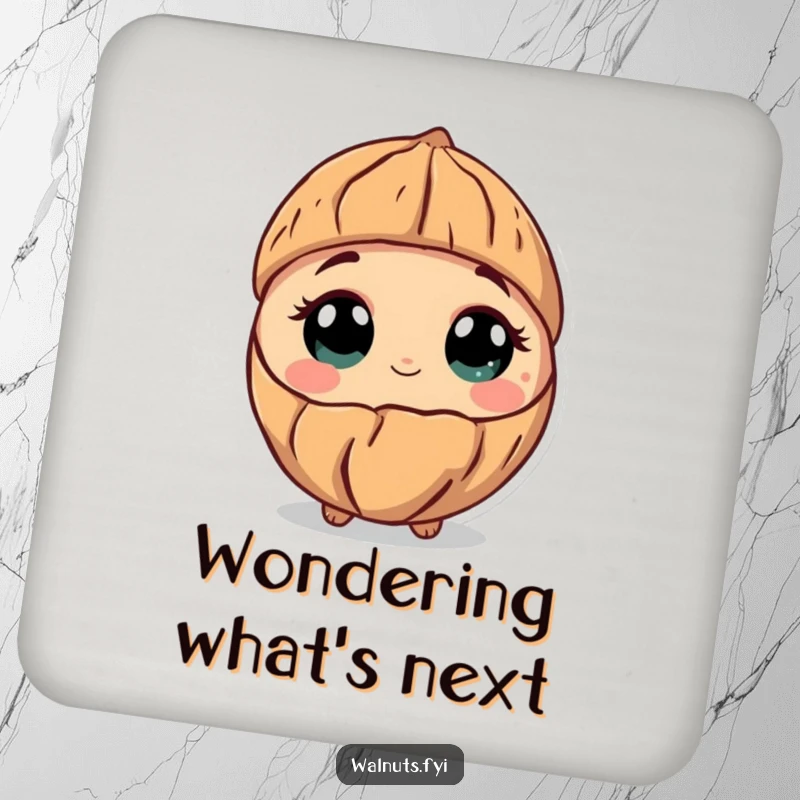 Funny drink coasters showcasing a curious walnut character tilting its shell, its wide eyes inviting quiet contemplation.