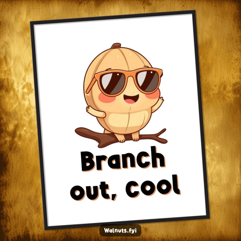 High-quality funny walnut sunglasses poster featuring a cool walnut posing on a branch, adding suave humor to decor.