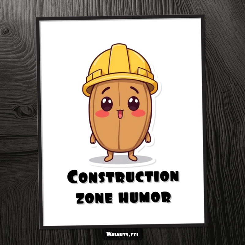 Funny poster art of a surprised walnut character wearing a tiny construction helmet and looking up.
