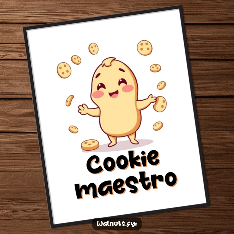 Funny poster art of a cheerful cashew juggling cookie pieces with glee, bringing playful energy to any room.