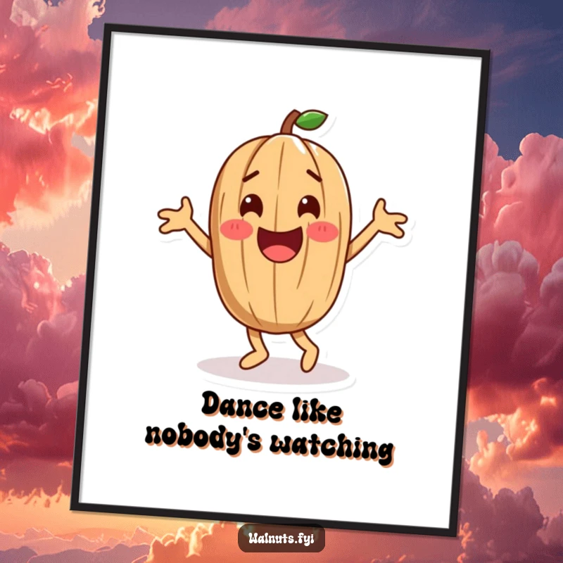 Funny playful walnut character performing an energetic happy dance, a humorous and vibrant poster.