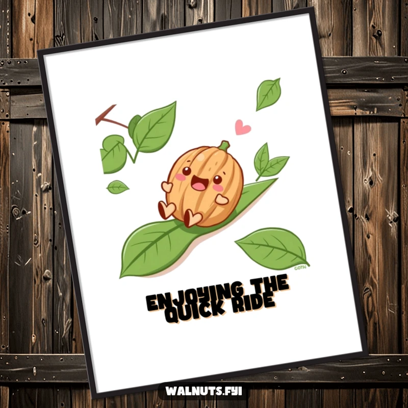 Funny Sliding Walnut Poster, featuring a delighted walnut character sliding joyfully down a colorful leafy slope, cheerful wall art.