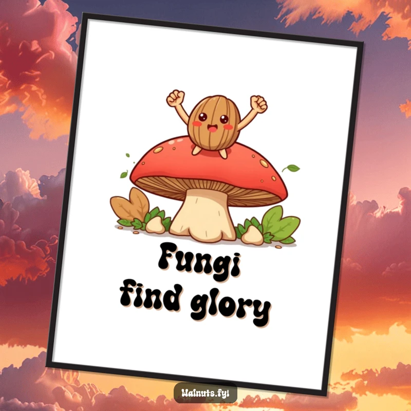 Funny smiling walnut character posing triumphantly on a large mushroom, high-resolution digital art print for humorous decor.