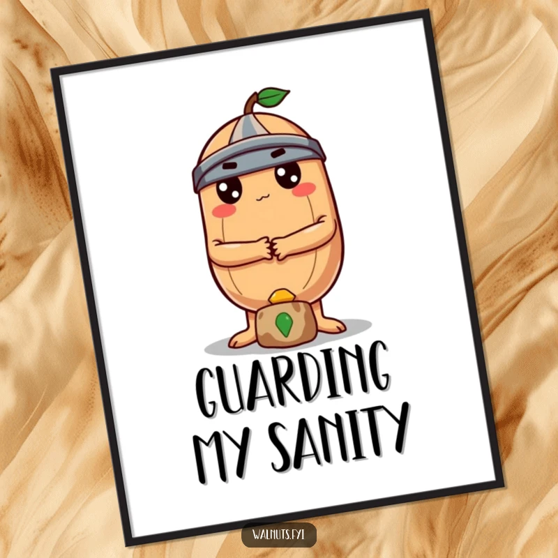 A determined round Brazil nut with crossed arms stands guard over a small treasure, embodying protection on this poster.