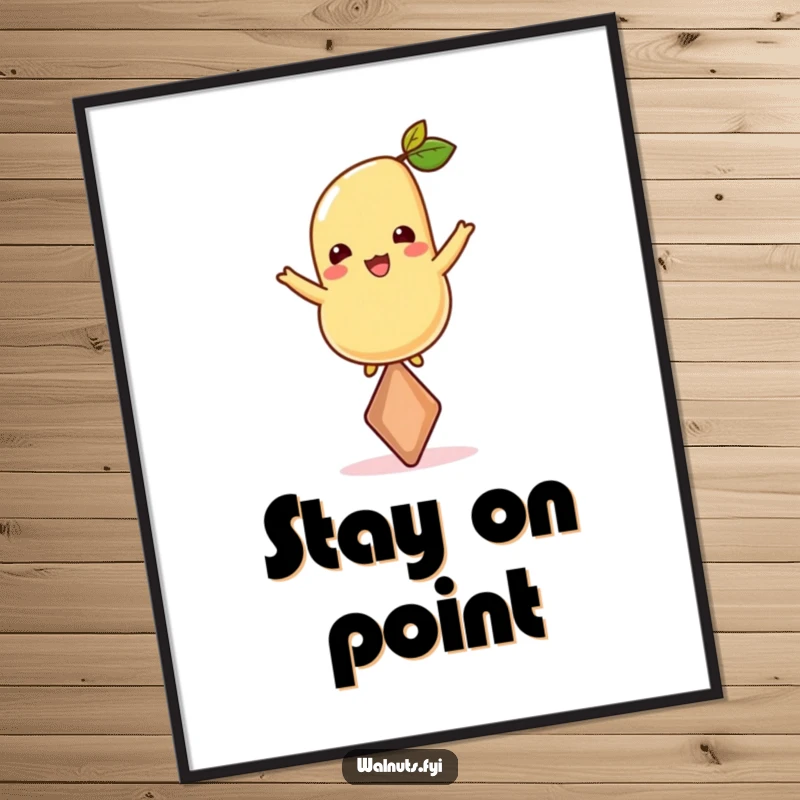 Funny poster of a happy cashew balancing on its sharpest point, symbolizing stability and precision in a humorous, artistic manner.