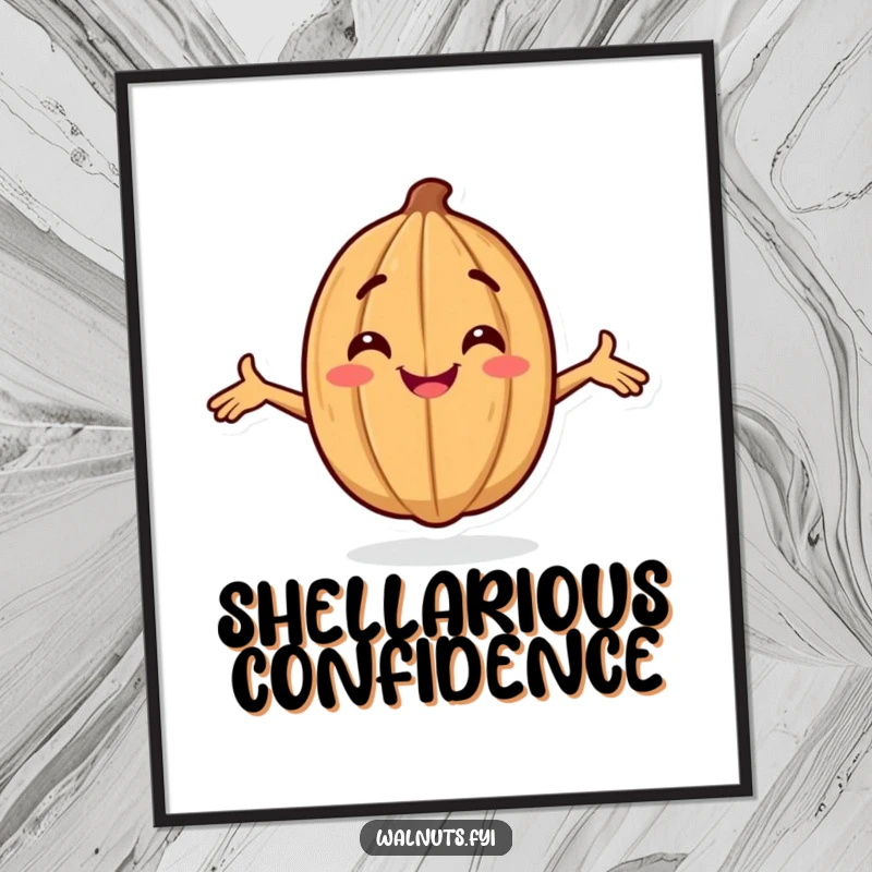 Funny poster of a smiling walnut character striking a strong, confident pose with arms open wide.