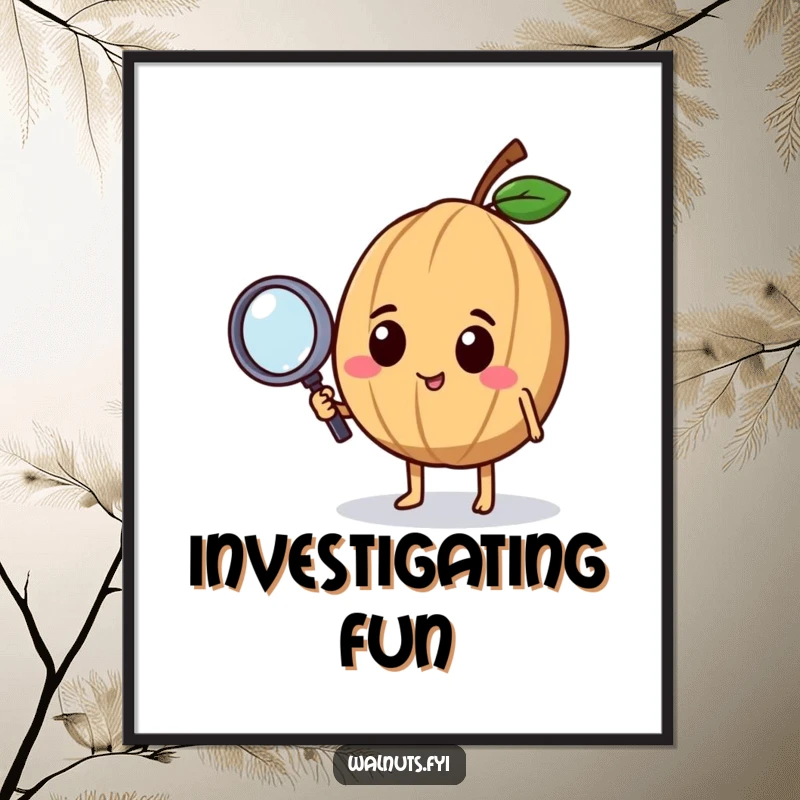 Funny poster of a curious walnut character examining something closely with a small magnifying glass, perfect for detective enthusiasts.