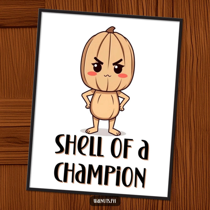 Funny poster showcasing a determined walnut character standing tall and proud, radiating an aura of strength and achievement.