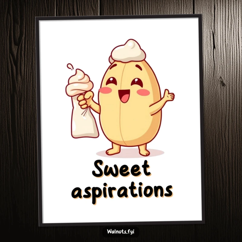 Funny poster art of a delighted macadamia nut excitedly pointing at a frosting bag, celebrating baking.