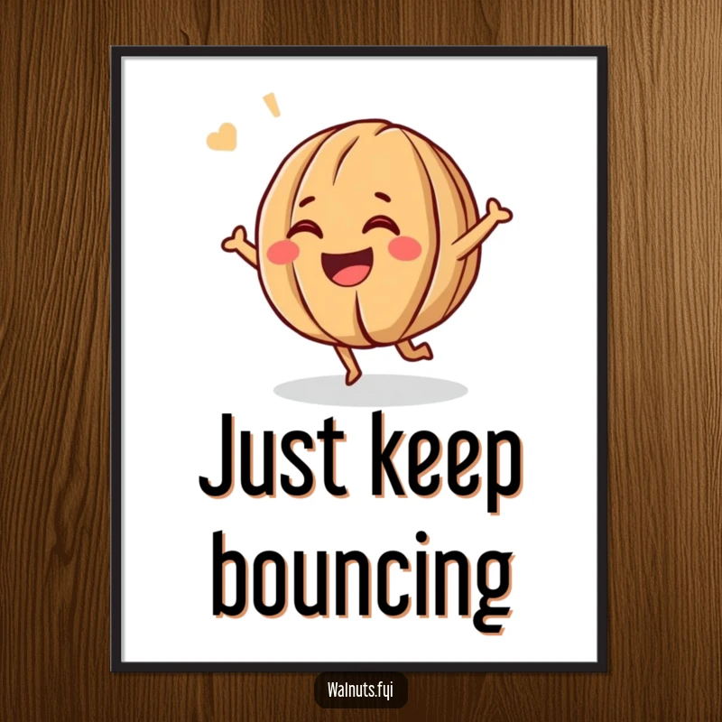 Funny poster art of a giggling walnut character bouncing rhythmically with a cheerful grin, radiating pure, unadulterated joy.
