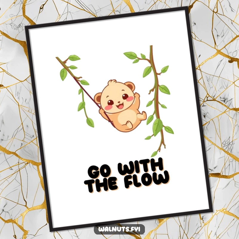 A wobbly beige hazelnut character with a happy grin slides down a vine zipline, capturing pure joy on this poster.