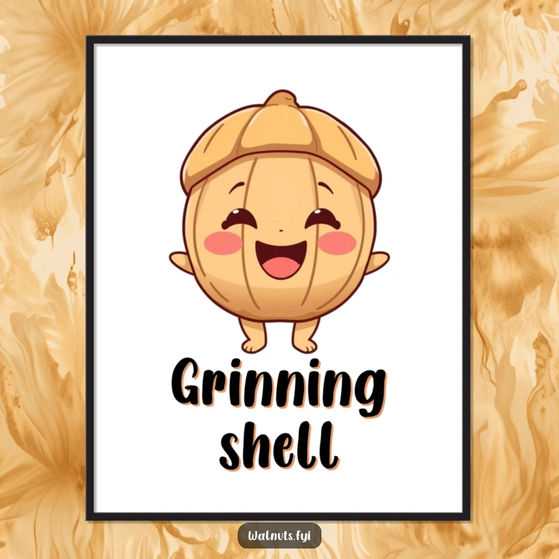 Funny poster featuring a joyous walnut character with an enormous, happy smile, spreading cheer and positivity throughout the room.
