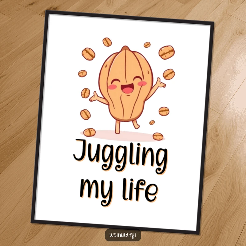 Funny poster depicting a joyful walnut character in the action of playfully juggling several smaller walnut pieces.