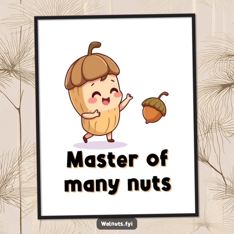 Funny poster print of a playful walnut character juggling a small acorn, adding whimsical humor to walls.