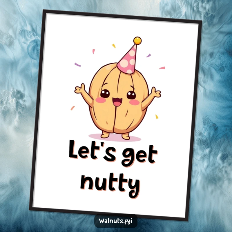 Funny Kawaii walnut poster, depicting a delighted walnut cheering with a vibrant party streamer, excellent for festive decor.