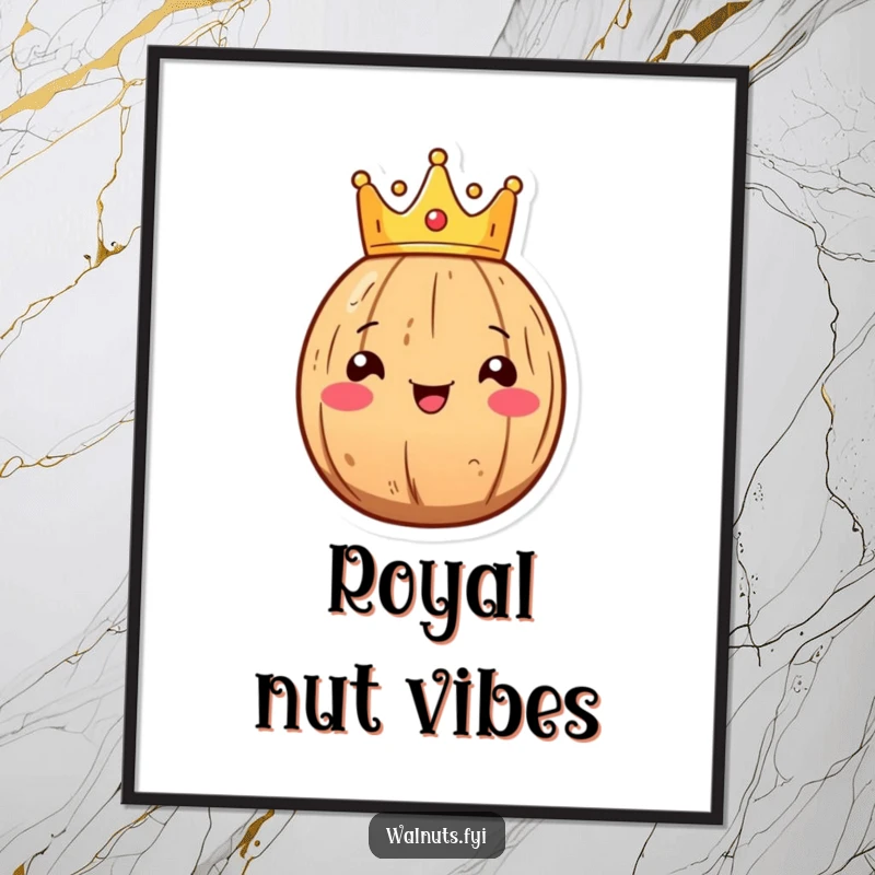 Funny Kawaii walnut poster showing a smiling walnut character wearing a tiny crown, perfect for regal decor.