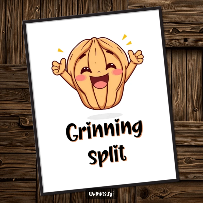 Funny Kawaii Walnut Split Poster: A cute walnut is shown in a wide, triumphant split, its enormous grin radiating pure joy and humorous victory.