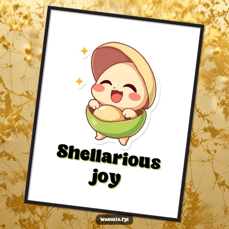 Funny poster showing a giggling pistachio joyfully bursting out of its shell, embodying pure euphoria.