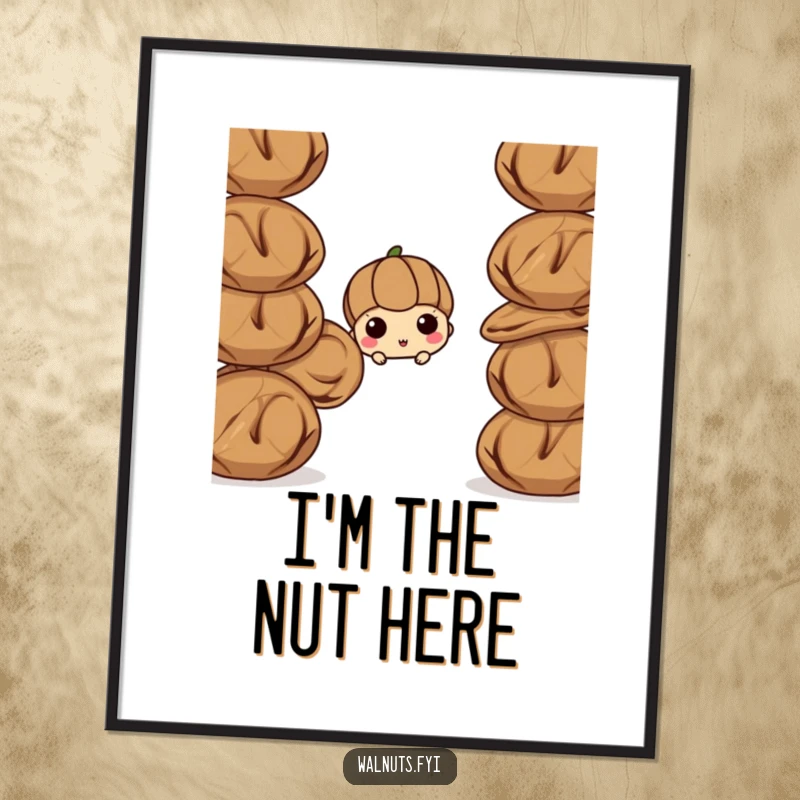 Funny walnut poster, a curious walnut peeking from behind a stack of other walnuts. Humorous wall art for kitchens.