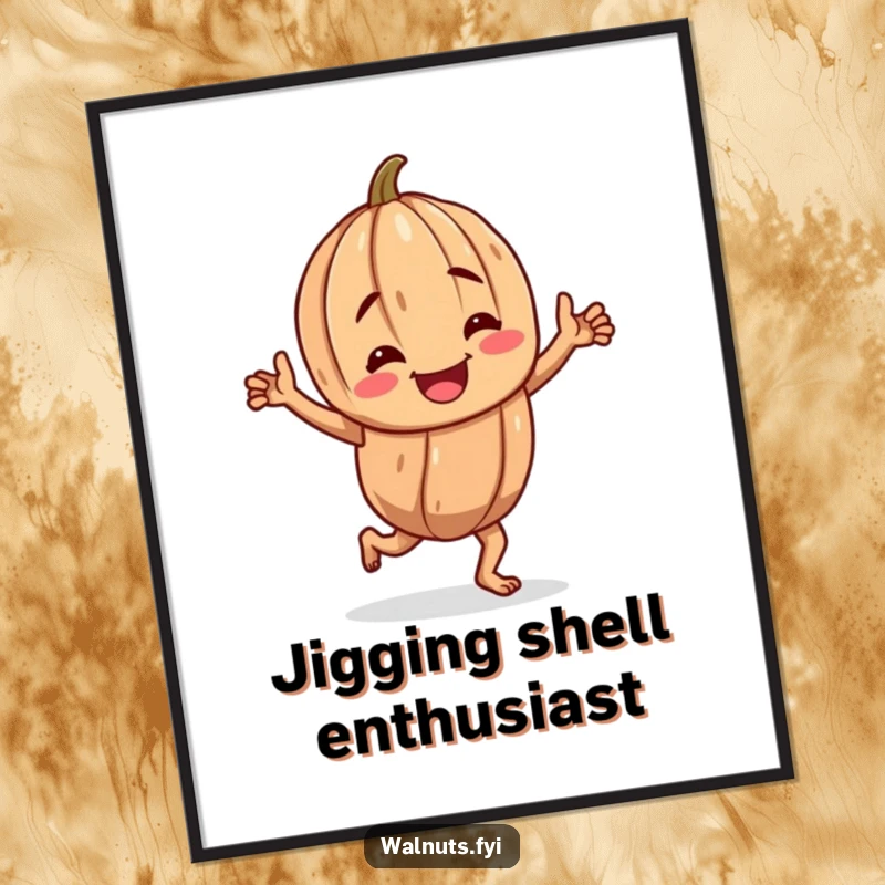Funny poster depicting a cheerful, gnarled walnut character in the midst of an energetic happy jig.