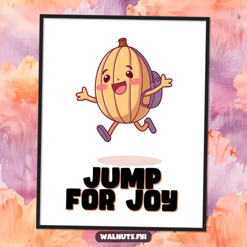 Funny Walnut Poster: Happy anthropomorphic walnut wearing a backpack, enthusiastically jumping, humorous wall art.