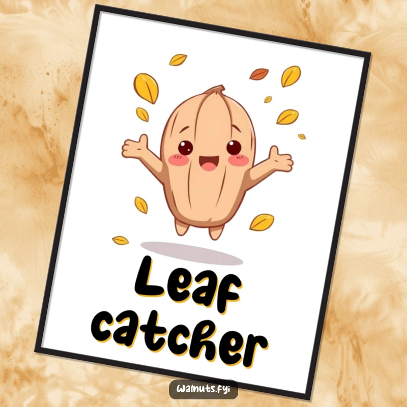 High-quality funny autumn walnut poster featuring a character catching falling leaves, adding seasonal charm to decor.