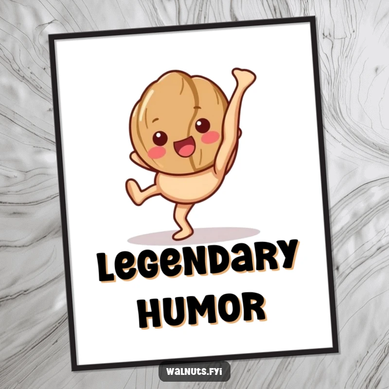 Funny poster art of a happy walnut character performing a cartwheel with visible legs.