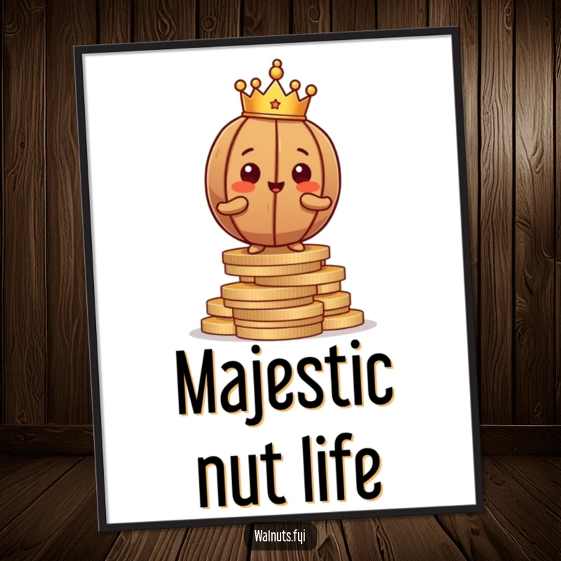 Funny proud brown walnut character crowned and posing confidently on a stack of coins, a regal and humorous art piece.