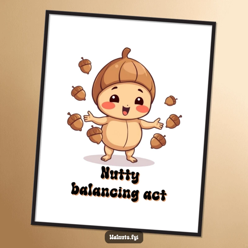 Funny Walnut Poster: Playful walnut juggling acorns, showcasing impressive skill, great funny gift.