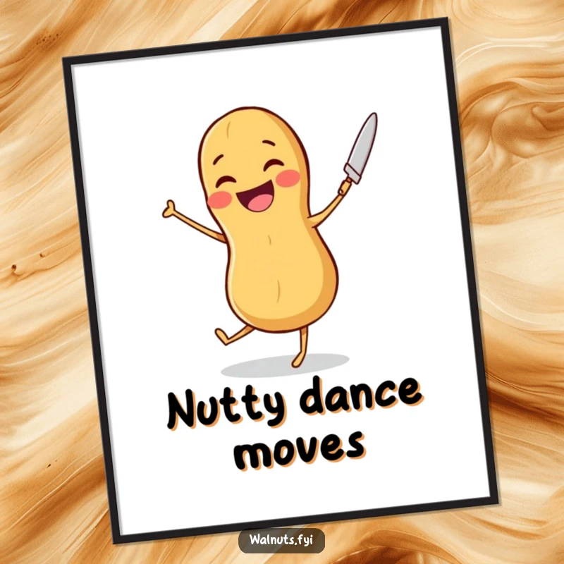 Funny poster art of a joyful peanut dancing happily with a butter knife, perfect for adding a cheerful vibe.