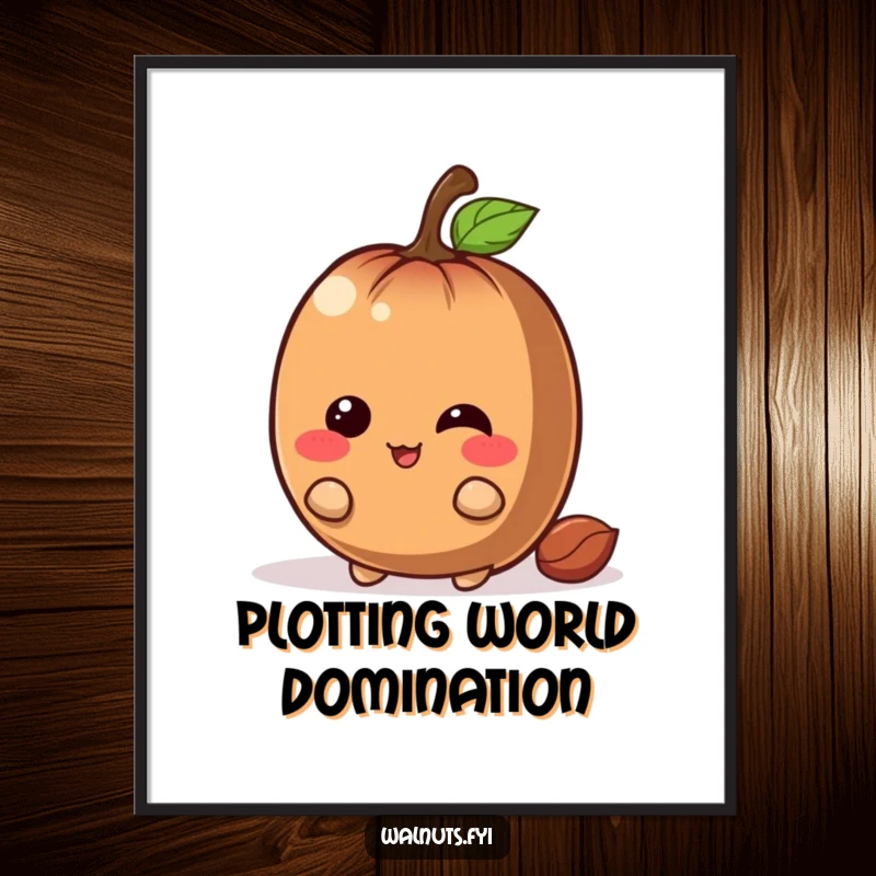 Funny chestnut poster showing a giggling brown character with a mischievous grin hiding behind a larger nut, art for humorous spaces.