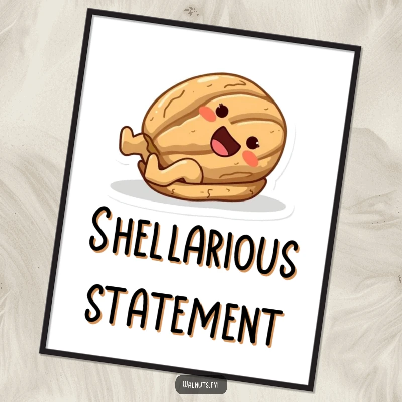 Funny poster art of a happy walnut character enjoying a swift slide down a polished lane on its shell.