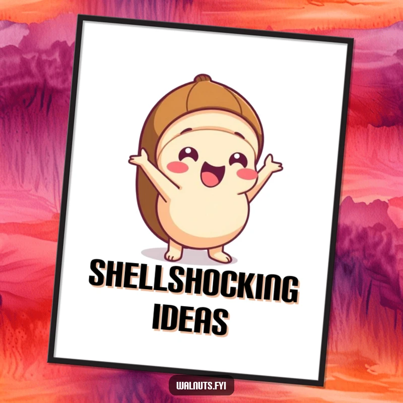 Funny Kawaii hazelnut poster showing an excited character making a dramatic pop out of its shell, adding dynamic energy to decor.