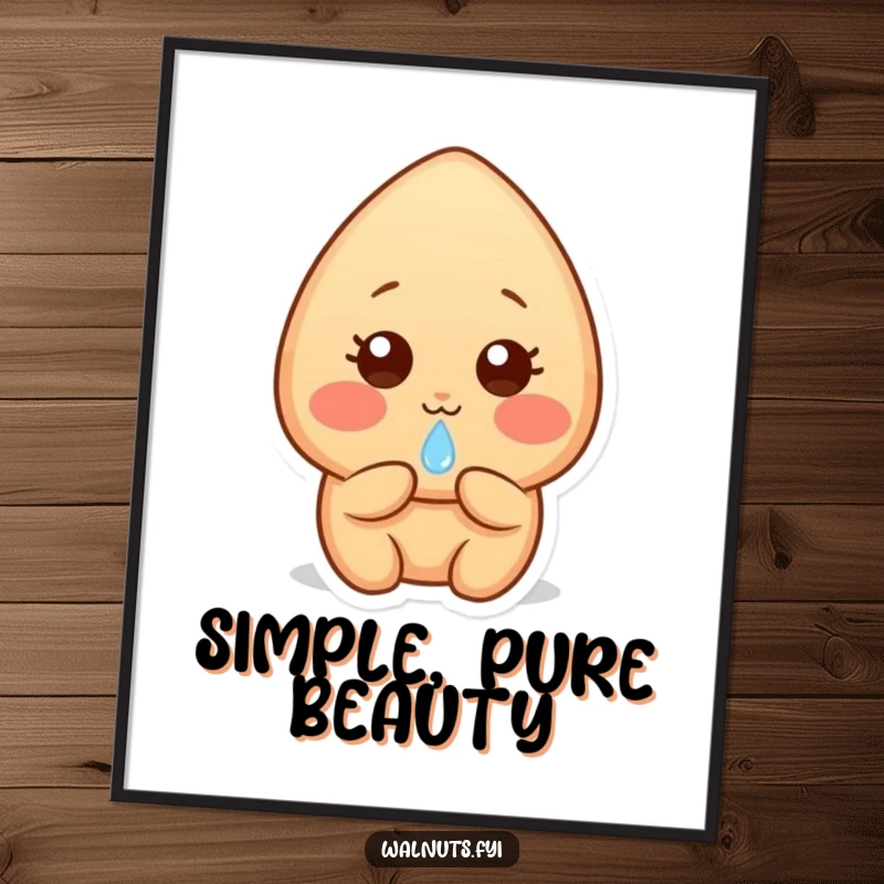 Funny shy light brown almond character with rosy cheeks, offering a glistening dewdrop, a symbol of tender beauty.