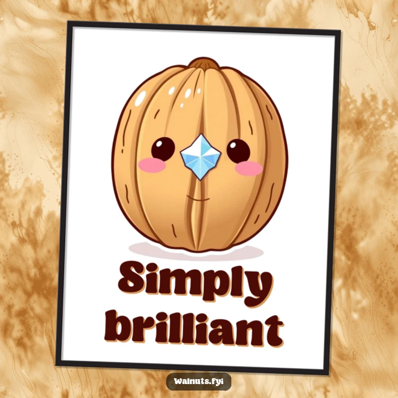 Funny Kawaii walnut poster, a walnut proudly displaying a tiny sparkling gem, excellent for adding charm and humor.