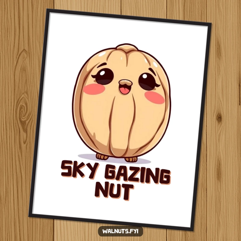 Funny poster featuring a curious walnut character looking up at the sky, inspiring a sense of wonder and exploration.