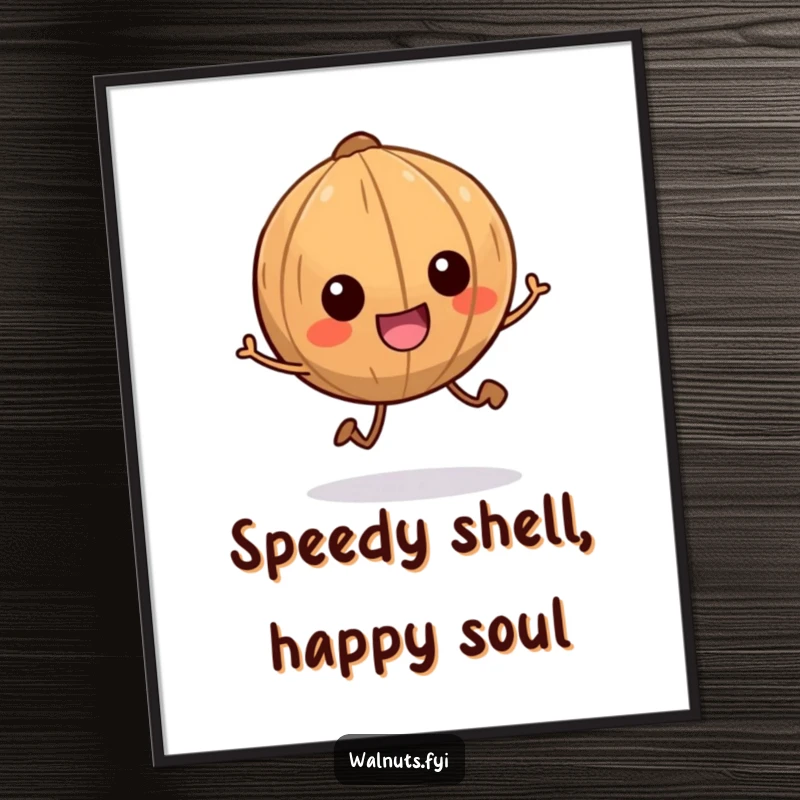 Funny poster print of a smiling walnut character with tiny legs scampering energetically, adding a humorous touch to decor.