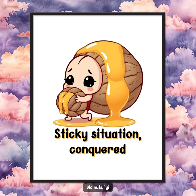 Funny poster art showing a brave walnut giving its all to push a huge, sweet drop of honey across a surface.