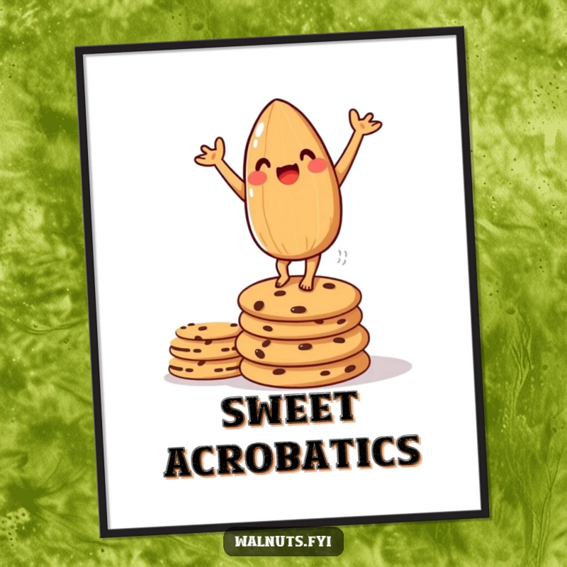 Funny poster art of an amused almond in a handstand on cookies, celebrating balance and humor.