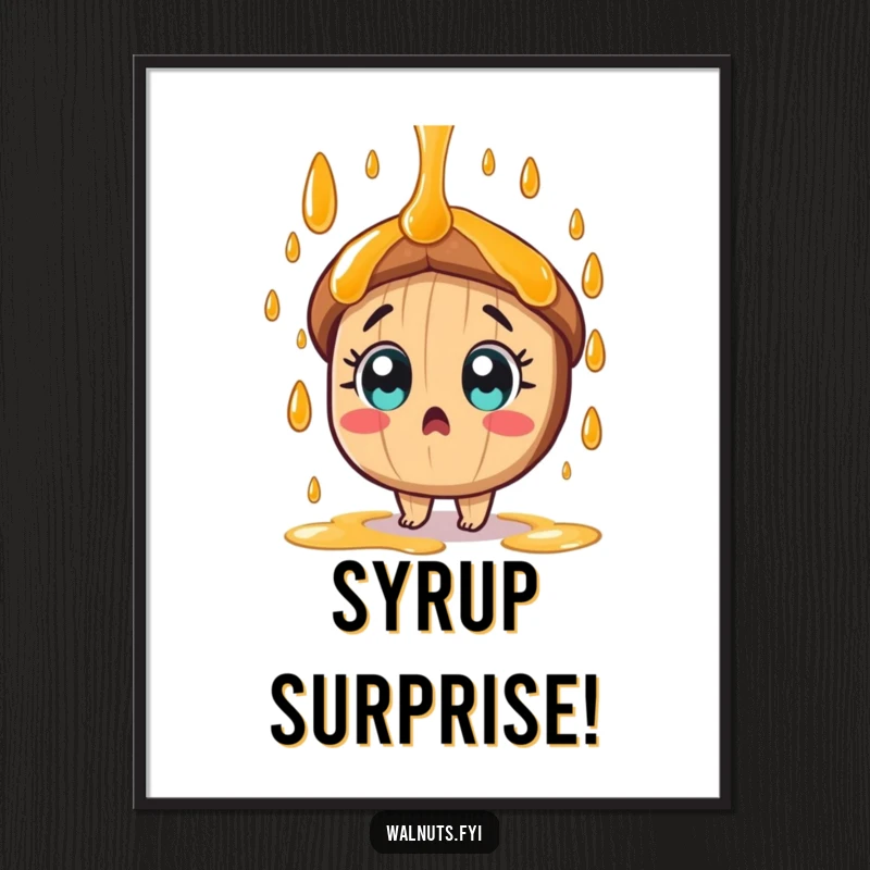 A surprised tan pecan character with wide eyes is engulfed in a sweet syrup shower on this funny poster.