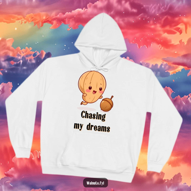 Funny Kawaii walnut hoodie, illustrating a delightful pursuit of a rolling acorn, perfect for cozy and humorous wear.