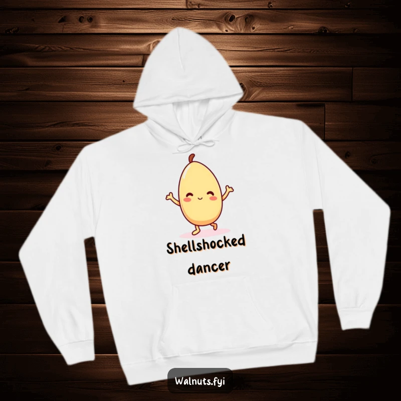 Funny Kawaii almond hoodie with a delighted dancing character, offering ultimate comfort and a splash of animated joy.