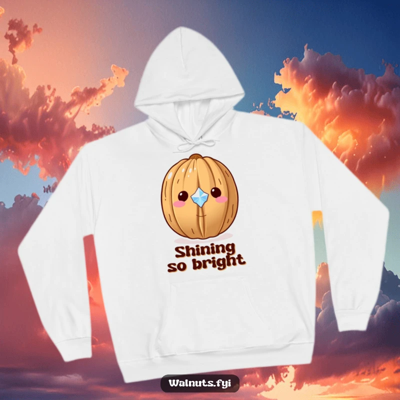 Funny Kawaii walnut hoodie, a walnut proudly displaying a tiny sparkling gem, suitable for cozy and glamorous wear.