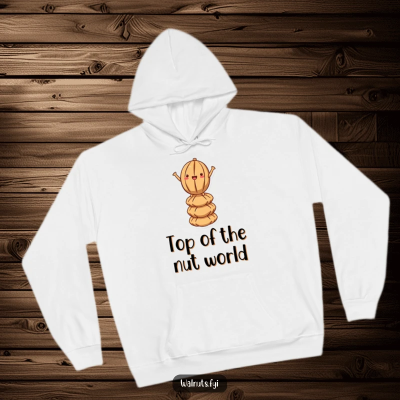 Funny Kawaii Walnut Balance Hoodie: A cute walnut is depicted expertly balancing on a precarious stack of nuts, conveying humor and focus.