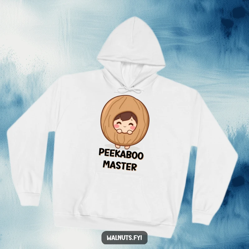 Funny hoodie with a shy, blushing walnut character peeking from behind a giant, stylized walnut shell.